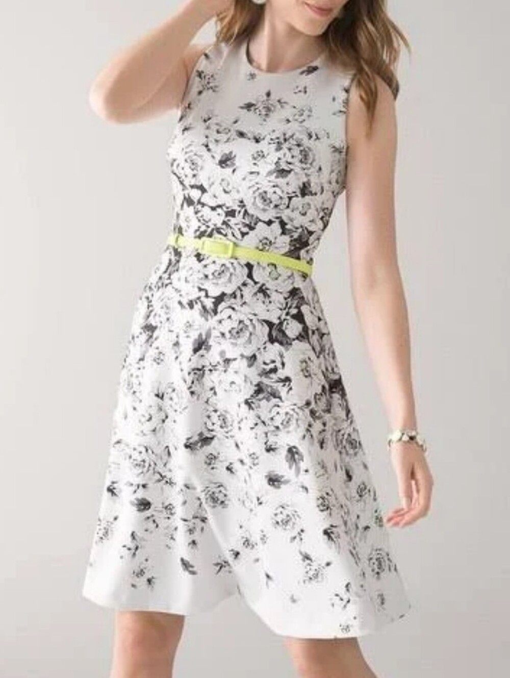 White House Black Market Black & White Floral Dress with Yellow Accent